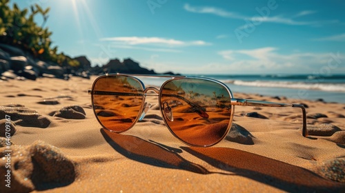 sunglasses in the sand on a perfect sunny beach