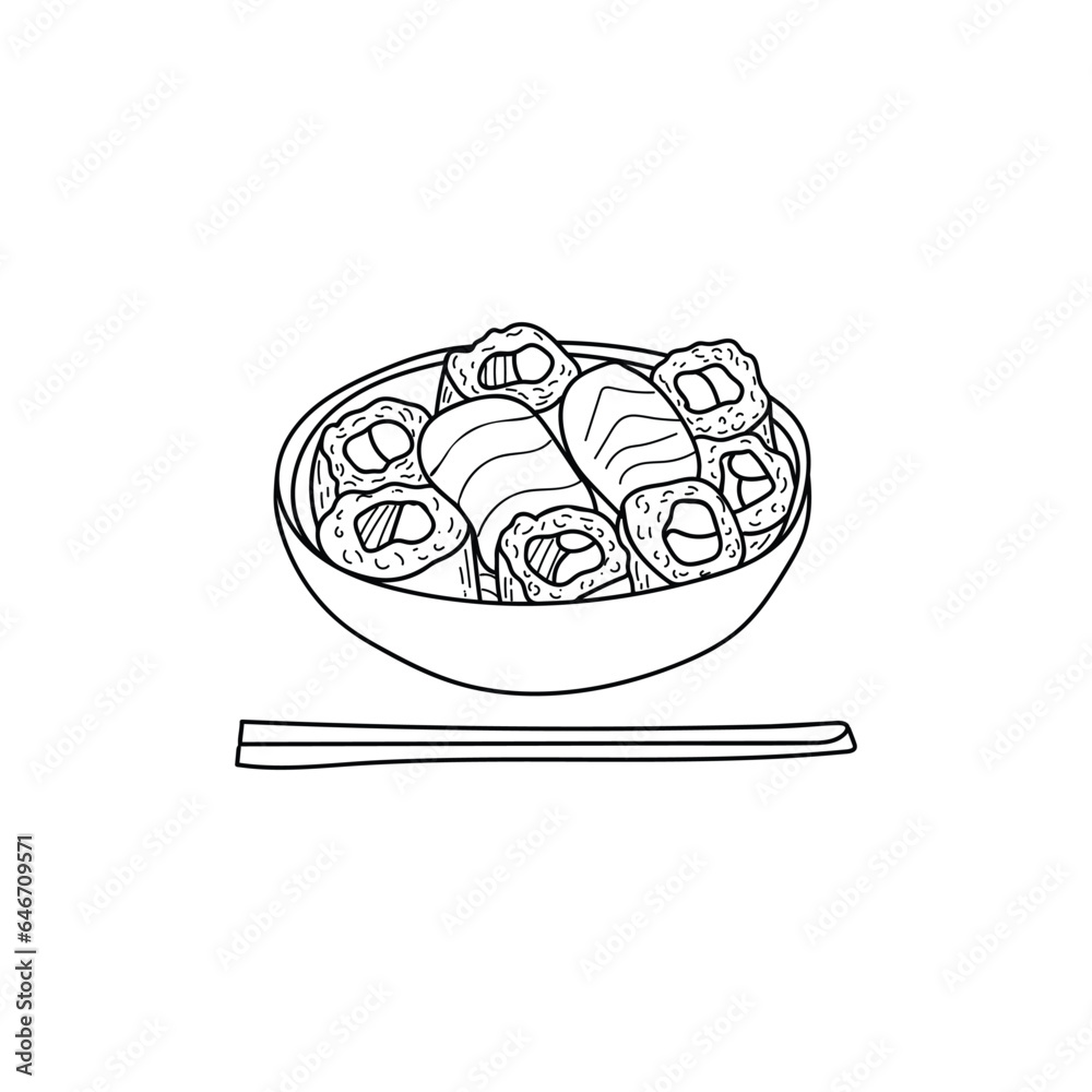 Sushi rolls in bowl doodle illustration in vector. Hand drawn sushi rolls icon in vector.