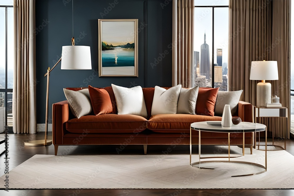 Fototapeta premium Close up of fabric sofa with white and terra cotta