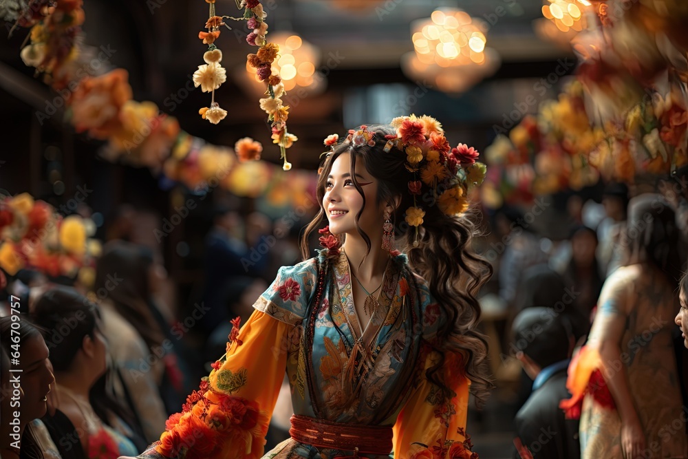 Obraz premium Chinese Traditional Costume: A performer adorned in colorful traditional attire for cultural performances. Generated with AI