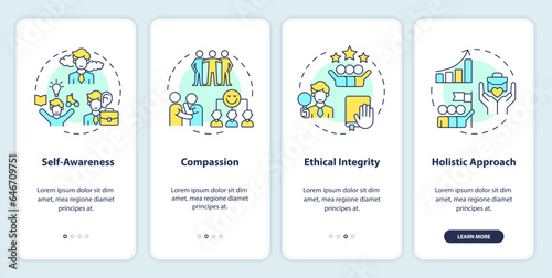 2D icons representing mindful entrepreneurship mobile app screen set. Walkthrough 4 steps colorful graphic instructions with linear icons concept, UI, UX, GUI template. © bsd studio
