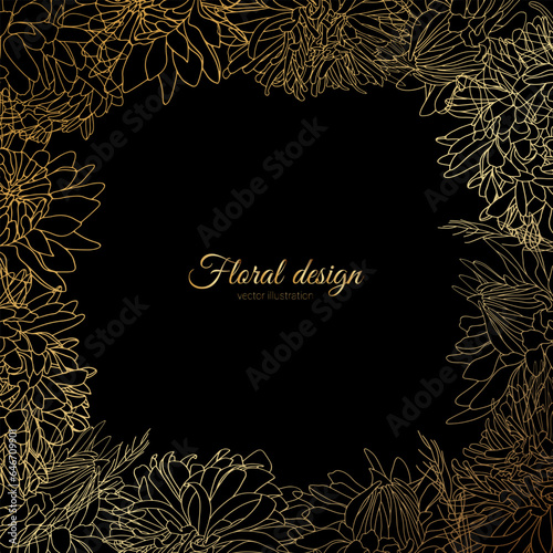 Vector hand drawn background with gold flower border of asters, daisies, botanical wreath 