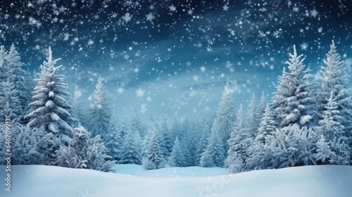 Winter panoramic background with snow-covered fir branches and snowfall flakes Christmas banner
