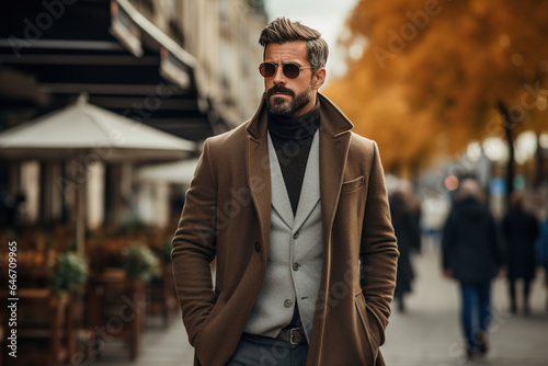 Brutal stylish adult caucasian male model wearing fashion glasses and brown coat walking on city street on autumn day, lifestyle