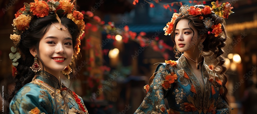Chinese Traditional Costume: A performer adorned in colorful traditional attire for cultural performances. Generated with AI