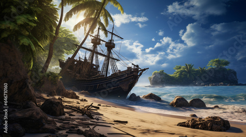 An old pirate shipwreck on a beach with palm trees