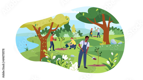 Vector landscape illustration of nature and people of different races restoring the forest. Joyful people plant trees. Colorful illustration of the park. Concept of teamwork  ecosystem conservation