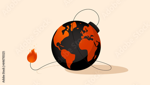 Vector illustration of the Earth globe in a shape of a bomb with a lit fuse. Concept illustration representing global warming, wars, terrorism, wildfires and record temperatures. Climate change icon.