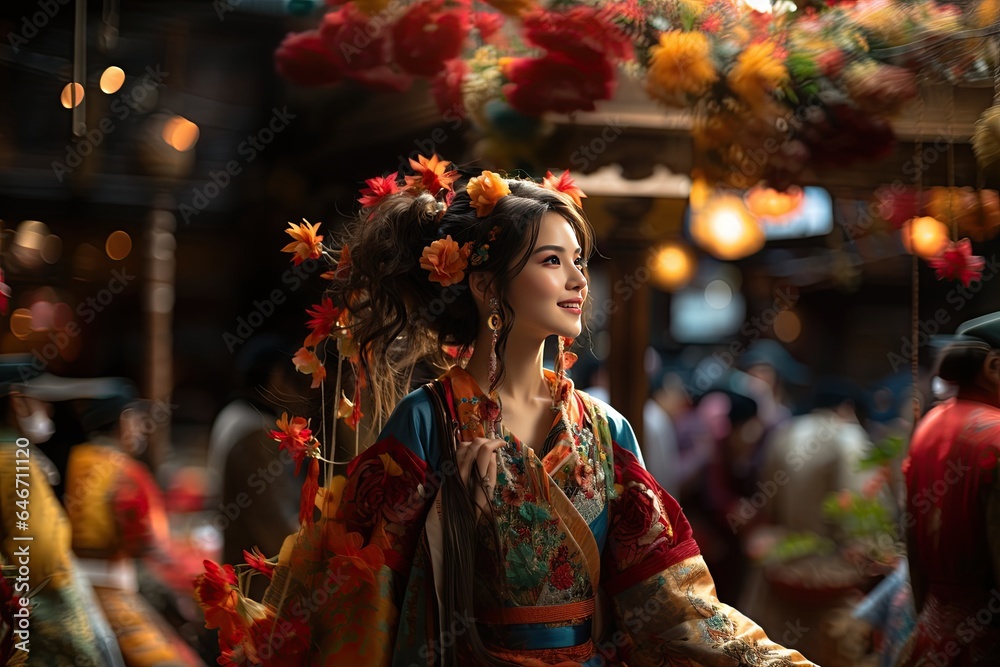 Chinese Traditional Costume: A performer adorned in colorful traditional attire for cultural performances. Generated with AI