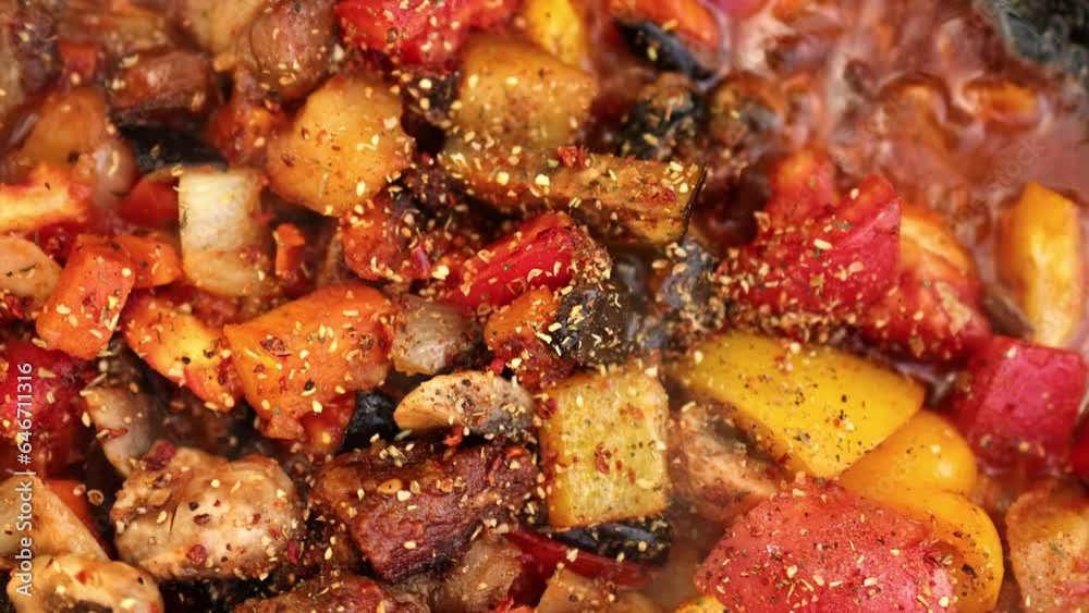 Stew. Stewed vegetables with meat and mushrooms on fire. Picnic. Stew. Stewed vegetables with meat and mushrooms on fire. Picnic.
