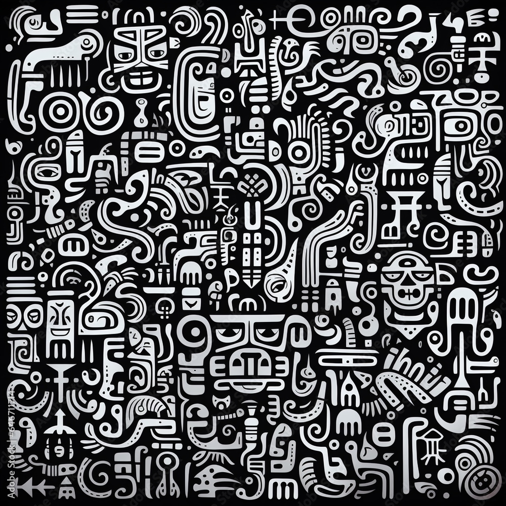 Black and white Maze Pattern: Absurd Doodle with Human Abstraction, Simplistic Characters, and Trace Monotone. Incorporating Conceptual Street Art Elements, Cellular Formations