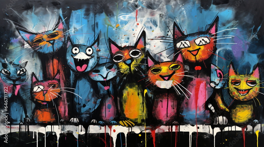 Obraz premium Humorous Graffiti Painting of Cats in Vibrant Paint, Featuring Dark Sky-Blue and Black Tones. Emotive Faces with Happy Expressionism