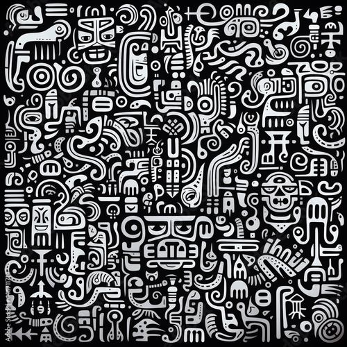 Black and white Maze Pattern: Absurd Doodle with Human Abstraction, Simplistic Characters, and Trace Monotone. Incorporating Conceptual Street Art Elements, Cellular Formations