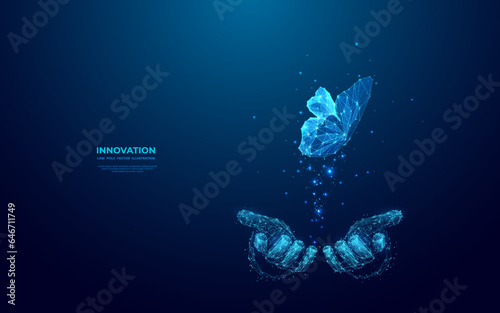 A digital abstract butterfly flies from businessman hands. Technology innovation concept. Futuristic low poly wireframe vector illustration. Metaverse evolution metaphor. Blue hologram effect.
