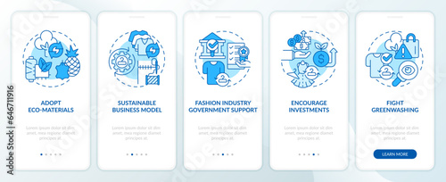 2D icons representing sustainable fashion mobile app screen set. Walkthrough 5 steps blue graphic instructions with line icons concept, UI, UX, GUI template.