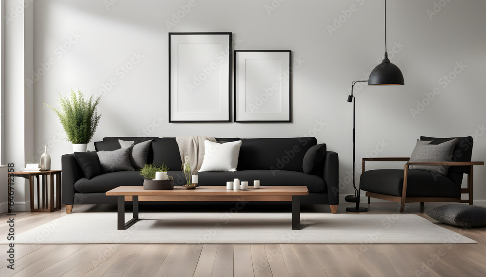 Modern living room simple interior design with black fabric sofa and cushions and blank poster frame