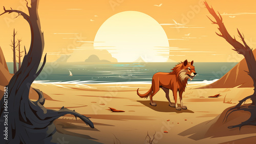 a fox  ran to hunt on the beach Make sure the fox looks