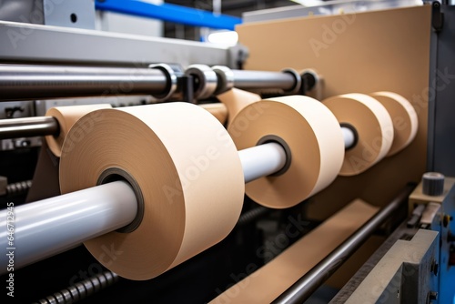 Printing and packaging from recycled paper rolls, industrial commercial envelope making machine, manufacture of corrugated paper and containers of paper and, Generative AI photo
