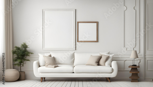 Modern living room simple interior design with white fabric sofa and cushions and blank poster frame