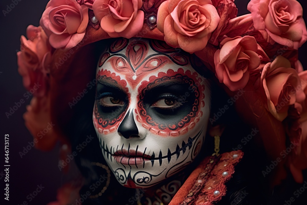 Portrait of Mexican beautiful catrina with roses on head Sugar skull makeup for day of dead in Mexico Dia de los muertos 