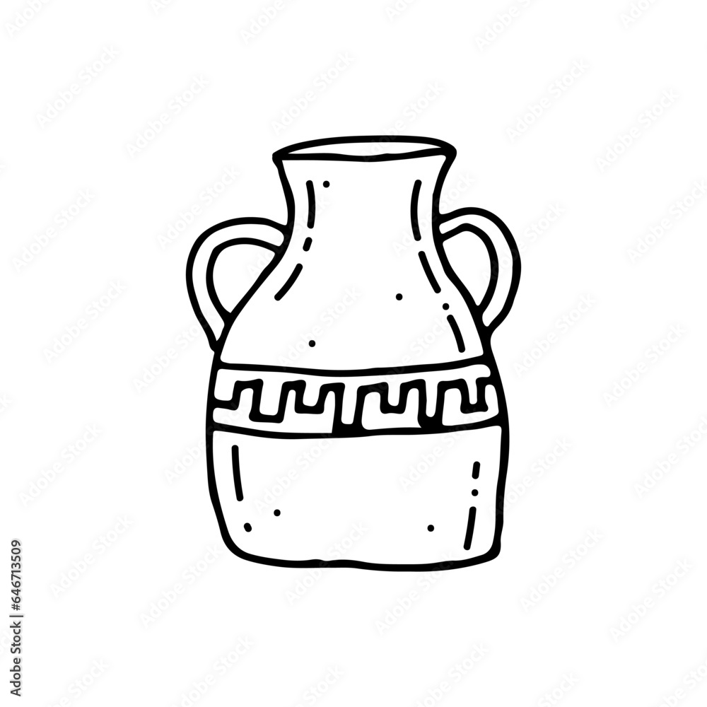 Antique vase with ornament. Vessel made of baked clay, ceramics. Household dishes. Doodle. Vector illustration. Hand drawn. Outline.