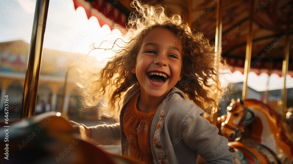 Happy little girl shows excitement while riding on colorful carousel Happy little girl shows excitement while riding on colorful carousel