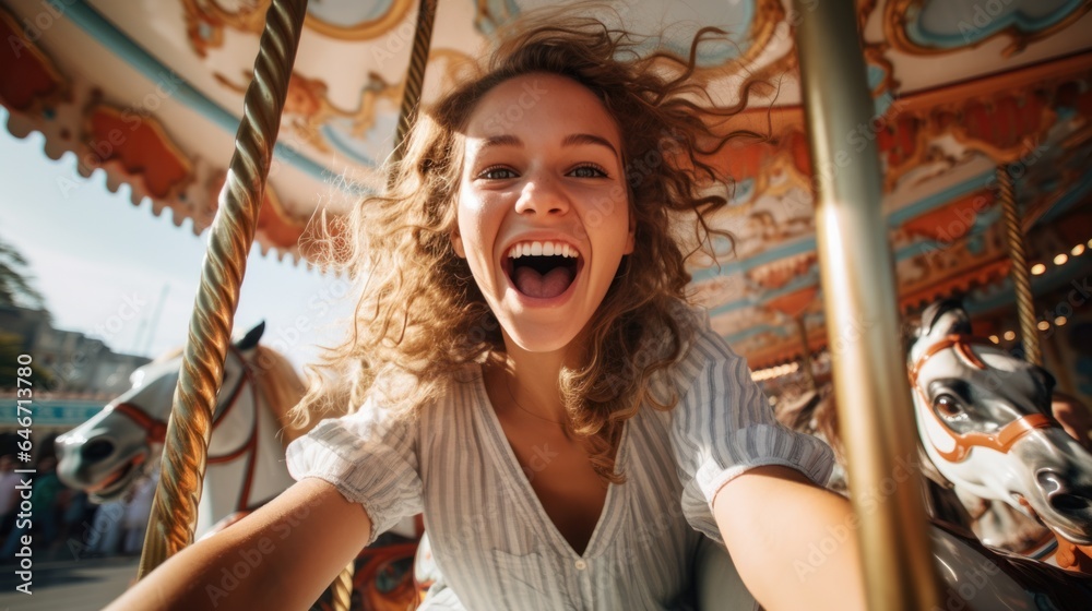Happy little girl shows excitement while riding on colorful carousel Happy little girl shows excitement while riding on colorful carousel