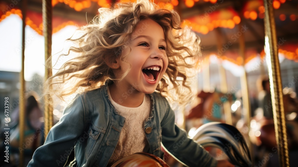 Happy little girl shows excitement while riding on colorful carousel Happy little girl shows excitement while riding on colorful carousel