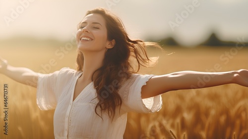 Happy woman with arms outstretched enjoying freedom in a wheat field. Joyful female breathing fresh air outside. happiness and mental healthy life style. generative AI