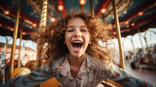 Happy little girl shows excitement while riding on colorful carousel © sirisakboakaew