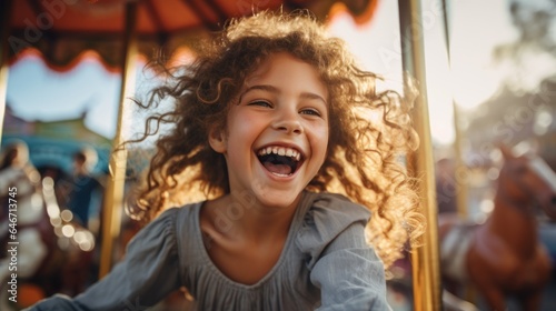 Happy little girl shows excitement while riding on colorful carousel © sirisakboakaew