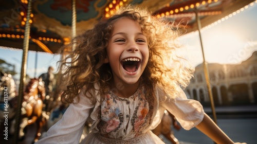 Happy little girl shows excitement while riding on colorful carousel