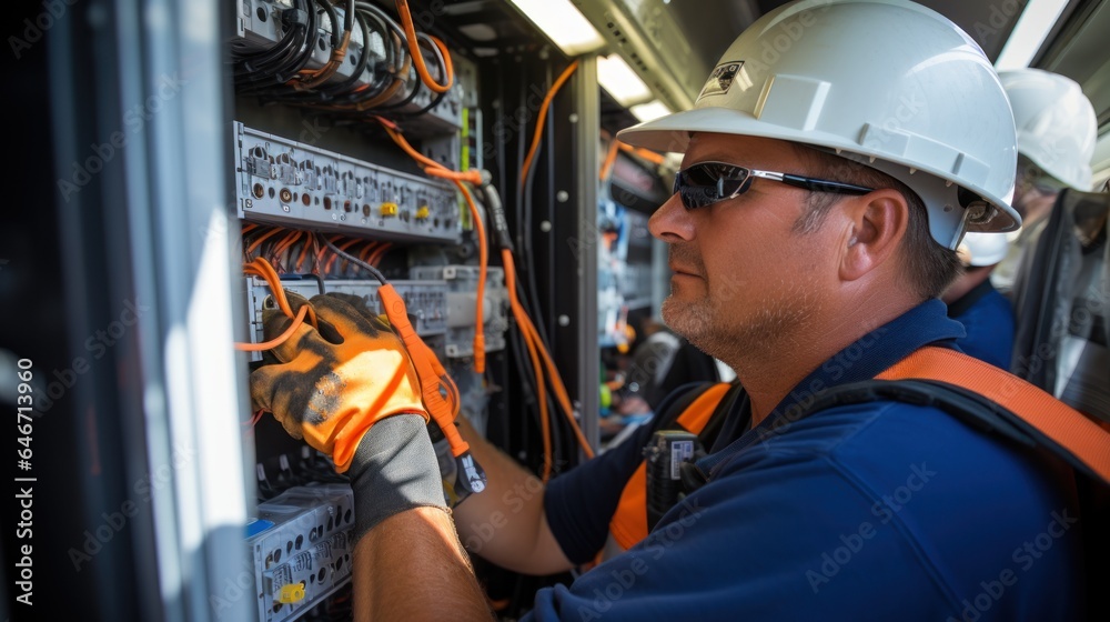 An electrician works on a fuse box decorated with safety equipment. Demonstrate professionalism An electrician works on a fuse box decorated with safety equipment. Demonstrate professionalism