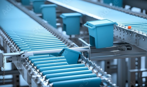 Crossing of the roller conveyor with plastic boxes, Production line conveyor roller transportation objects, Generative AI photo