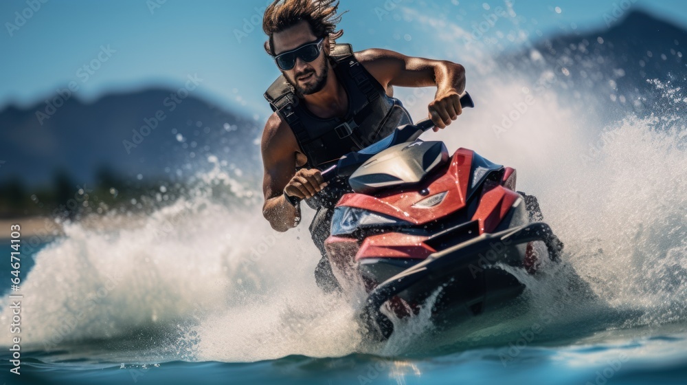 Man driving a jet ski and having fun during summer vacation