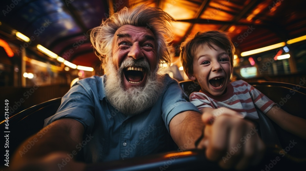 Grandfather and grandson smile and have fun while driving a bumper car in an amusement park.