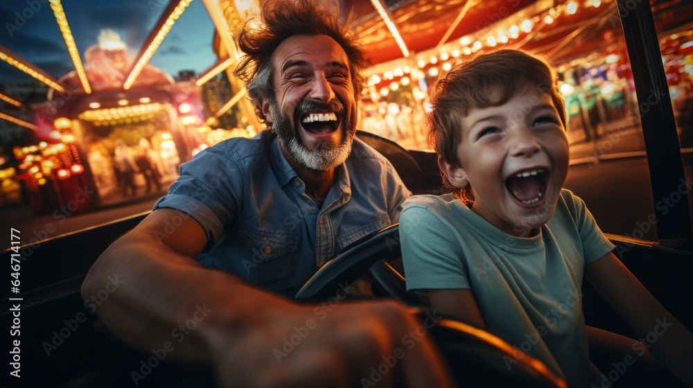 Grandfather and grandson smile and have fun while driving a bumper car in an amusement park.