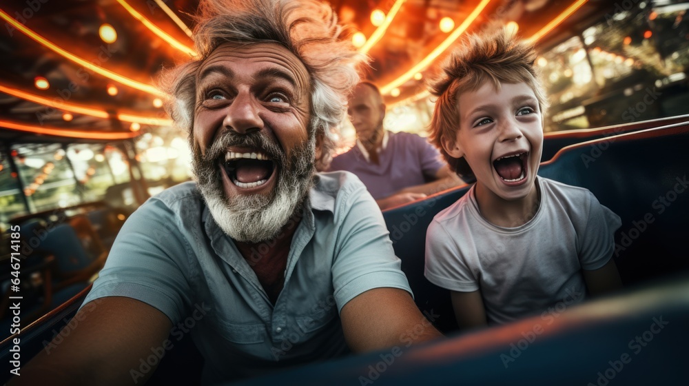 Grandfather and grandson smile and have fun while driving a bumper car in an amusement park.