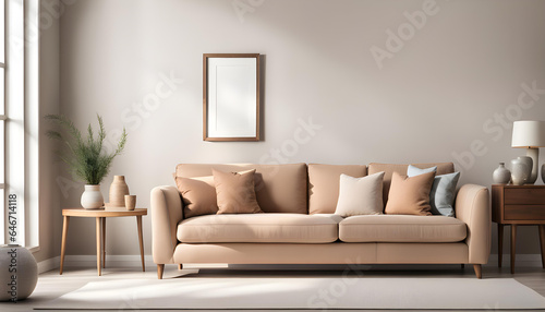 Modern living room simple interior design with brown fabric sofa and cushions and blank poster frame