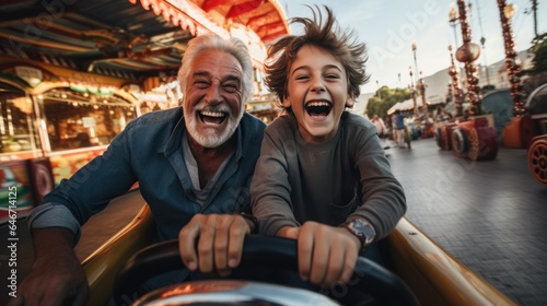 Canvas Print Grandfather and grandson smile and have fun while driving a bumper car in an amusement park