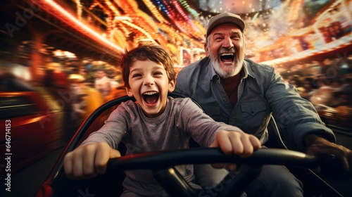 Grandfather and grandson smile and have fun while driving a bumper car in an amusement park.