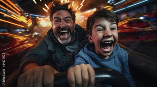 Grandfather and grandson smile and have fun while driving a bumper car in an amusement park. © sirisakboakaew