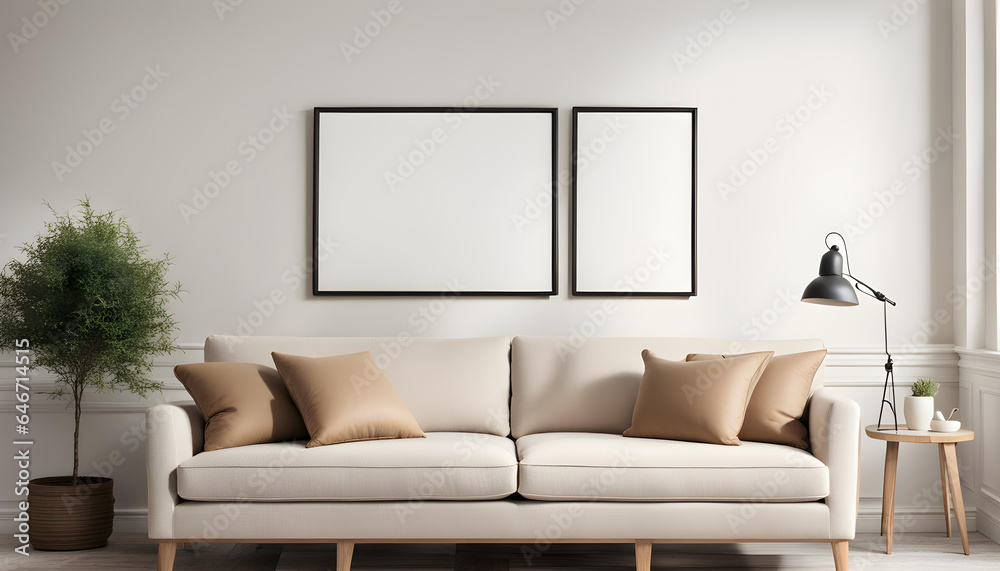 Fototapeta premium Modern living room simple interior design with beige fabric sofa and cushions and blank poster frame