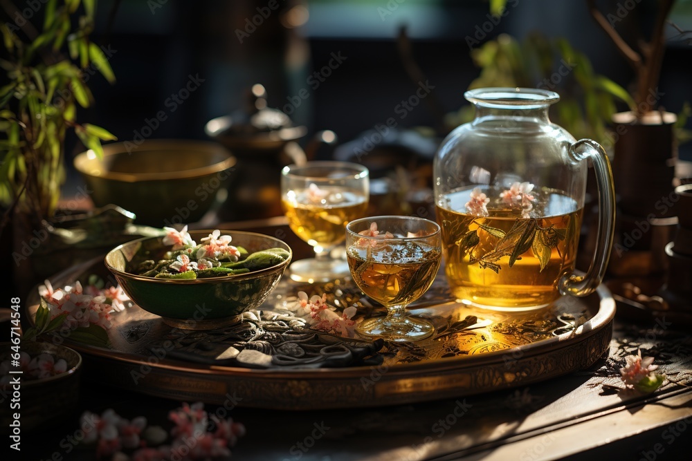 Tea Ceremony: Delicate tea sets and rituals celebrate Chinese tea culture. Generated with AI Tea Ceremony: Delicate tea sets and rituals celebrate Chinese tea culture. Generated with AI