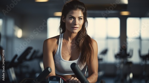 Woman on stationary exercise bike