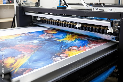 Industrial printing on woven material modern digital inkjet printer puts a blue pattern picture on a cloth canvas, Generative AI