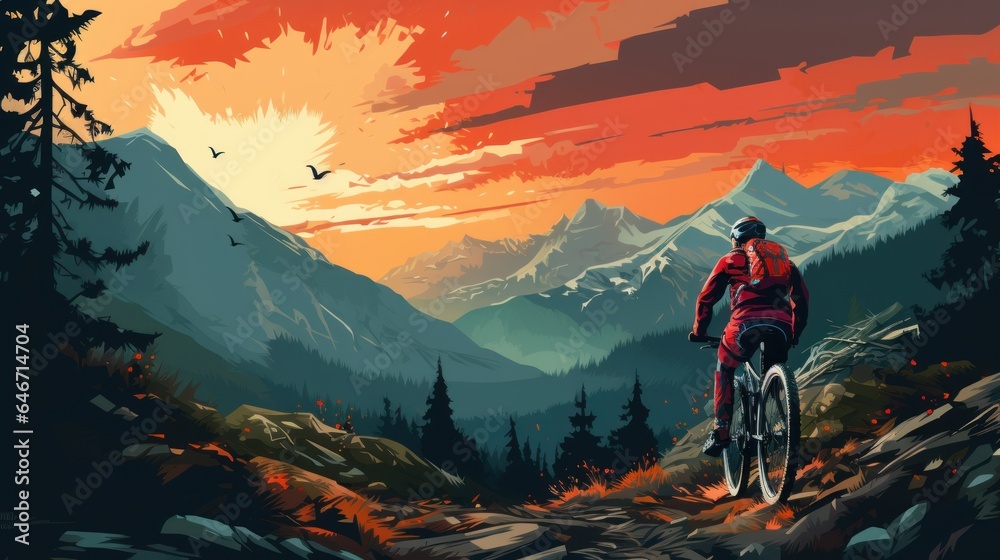 A woman riding a mountain bike rides a bicycle in a summer mountain forest landscape. A woman riding a mountain bike rides a bicycle in a summer mountain forest landscape.