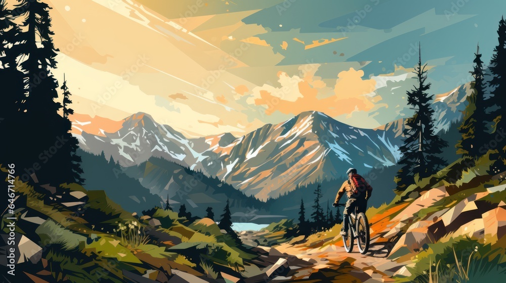 A woman riding a mountain bike rides a bicycle in a summer mountain forest landscape. - obrazy, fototapety, plakaty 