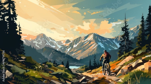 A woman riding a mountain bike rides a bicycle in a summer mountain forest landscape.