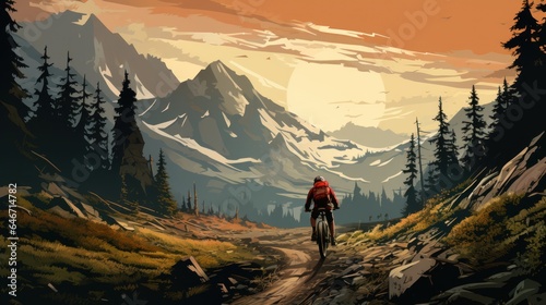 A woman riding a mountain bike rides a bicycle in a summer mountain forest landscape.